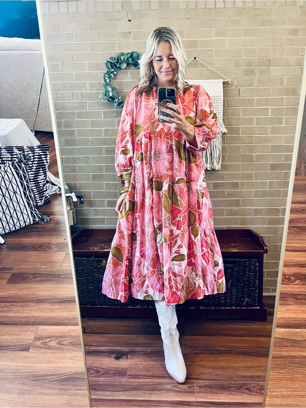 Umgee Pink Floral Midi Dress with Olive Accents